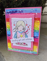 A rainbow watercolor card with the little fairy colored in pink and blue holding a yellow star, above a strip reading 'Sending get well wishes'.