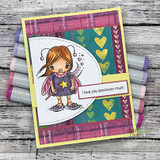 A plaid and teal heart print card with the fairy colored in purple and orange on a circle panel, beside a small block reading 'I love you sooooooo much'.