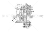 Line-art background stamp of a tall arched window set into a brick wall with climbing flowers.