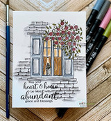 Card of the brick window with climbing roses colored soft, 'may your heart & home be filled with abundant grace and blessings.'