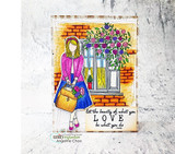 Card of the flowering brick window with a girl in pink, 'let the beauty of what you love be what you do.'