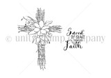 Itty bitty line-art red rubber stamp 'Saved by Grace' showing a floral cross with the sentiment 'Saved by grace through faith,' by Jeanie Hays.