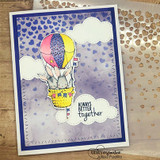 Navy card with a purple heart-print sky and white clouds, the bunnies in a pink and yellow balloon, sentiment 'ALWAYS BETTER together'.