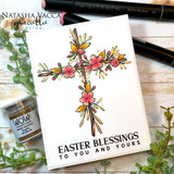 Card of a colored floral cross above "EASTER BLESSINGS to you and yours" on a kraft panel.