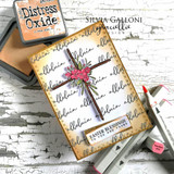 Vintage-style card of the floral cross over aged "alleluia" script text on a crackle background.