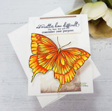 Card with an orange butterfly, 'no matter how difficult the days may get, remember your purpose.'