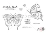 Line-art red rubber stamp of a detailed butterfly with 'no matter how difficult the days may get, remember your purpose.'