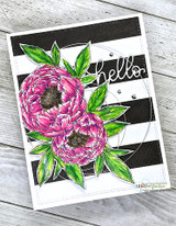 Black-and-white striped card with pink peonies and a 'hello' sentiment.