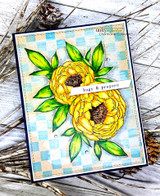 Checkered card with the peonies colored golden yellow on a black frame, 'hugs & prayers' banner.