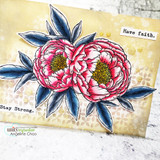 Gold-washed card with the peonies colored magenta with navy leaves, 'Have faith.' tag and 'Stay Strong.' sentiment.