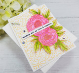 Soft cream card with pink peonies on a subtle patterned panel, 'Sending all my love and support'.