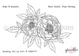 Red rubber stamp sheet: a large pair of peony blooms with leaves and the 'hugs & prayers', 'have faith. Stay strong.' and 'Sending all my love and support' sentiments.