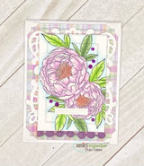 Checked pastel card with peonies colored pale pink inside a layered die-cut frame.