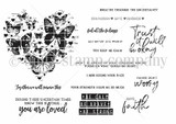 Trust It Will Be Okay red rubber stamp set: a heart-shaped background formed of layered butterflies, with fifteen sentiment stamps including “be calm be brave be strong,” “Trust it will be okay,” “you are loved,” “feel all the feelings,” “let go of the worry” and “Breathe through the uncertainty.” Illustrated by Lisa Arana.