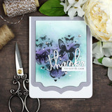 Card with a teal and purple blended panel: the butterfly heart stamped in black beneath a script “thanks, you keep me calm.”