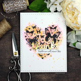 White stitched card with a peach and pink blended circle: the butterfly heart with gold splatter under “thanks, together we will survive this.”