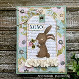 Patterned card with the brown bunny holding a bouquet