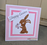 Pink gingham card with the bunny and a banner reading 'Happy Easter'