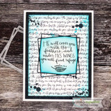 Teal script-collage card of the feathers-and-wings verse in a stitched frame