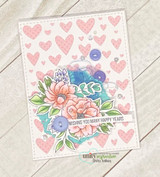 Soft card with a bouquet over pink hearts and 'wishing you many happy years.'