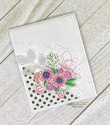 Clean card with tone-on-tone florals and navy sequins.