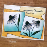 Card with two coneflowers on torn teal and gold panels: 'Faith makes things possible, not easy.'