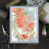 A flowing handwritten script background stamped in red rubber and colored on a handmade card reading "In your own time and way."
