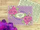 Purple card with stencilled swirls and pink blooms across two panels, stamped 'To the most wonderful mom I know.'