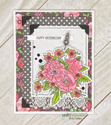 Card on polka-dot and floral papers with a coral bouquet; the wedding-day wording is from another set.