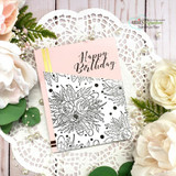 Card with an outline flower bunch and a die-cut 'Happy Birthday' on a soft pink panel.