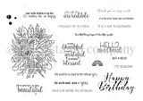 Red rubber Front & Center stamp sheet: a flower bunch with many sentiments including 'Hello sweetheart,' 'Happy Birthday' and 'the world needs more of you.'