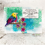 Card of the colorful bird on the branch with 'do not worry about tomorrow.'