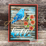 Rustic card of a blue bird on flowers with 'hello.'