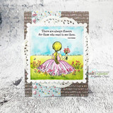 Card with the meadow girl over a lace doily and the flowers sentiment.
