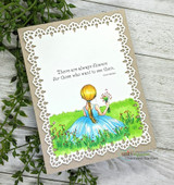 Card with the meadow girl in a blue dress framed by a lace border and the flowers sentiment.