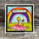 Bright card with the meadow girl under a rainbow and 'BRIGHTER DAYS AHEAD.'
