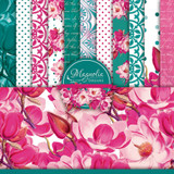 Cover of the Magnolia Dreams paper pack, romantic pink magnolia blooms with teal and pink dot and lace patterns, labeled 'Magnolia Dreams'.