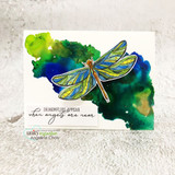 Dragonfly on a moody watercolor card, 'dragonflies appear when angels are near'.