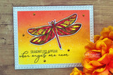 Red-and-yellow dragonfly on a warm framed card, 'dragonflies appear when angels are near'.