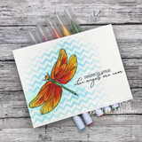 Golden dragonfly on a chevron card, 'dragonflies appear when angels are near'.