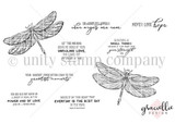 Line-art stamp sheet: two dragonflies with faith sentiments including 'dragonflies appear when angels are near'.
