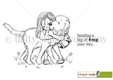Black-and-white stamp of a young girl hugging a big fluffy dog beside 'Sending a big ol' hug your way.'