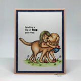 Clean card with the girl hugging a brown dog on grass, 'Sending a big ol' hug your way.'