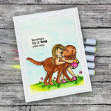 Bright card with the girl hugging a golden dog on a cloudy background, 'Sending a big ol' hug your way.'
