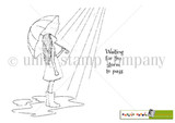 The Passing the Storm red rubber stamp set: sketch-style line-art of a girl with an umbrella standing in the rain and the sentiment 'Waiting for the storm to pass'.