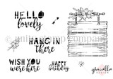 Line-art stamp sheet with a wooden plank frame, floral sprig, arrow and sentiments 'hello lovely,' 'hang in there,' 'wish you were here,' 'happy birthday.'