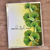 Olive watercolor card with a column of green ginkgo leaves and 'Hello beautiful friend'
