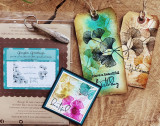 Alcohol-ink tags with ginkgo leaves in teal and sepia with birthday and friend sentiments