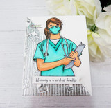 Card with a female nurse in teal scrubs holding a clipboard and 'Nursing is a work of heart.'