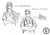 Red rubber stamp sheet: a male and female nurse in scrubs and masks with 'Nursing is a work of heart' and 'My favorite person wears scrubs.'